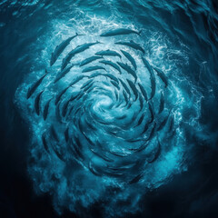 Aerial View of Dolphins Swimming in a Circular Formation Creating Swirling Patterns in Clear Blue Ocean Waters Under Bright Sunlight