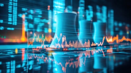 A precisely designed nuclear energy infrastructure model placed on a reflective surface with stock market data.