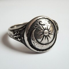 Silver ring with sun and moon design on white background