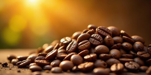 Obraz premium Unroasted coffee beans heap, sunlit background, harvest, dark