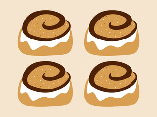 Cinnamon rolls topped with chocolate and icing arranged on a beige background. A rich and indulgent dessert perfect for bakery themes. Ideal for menus, banners, and dessert-focused visuals.