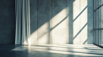 Obraz premium Minimalist industrial interior featuring a sunlit concrete wall, modern sheer curtains, and dramatic geometric shadows for a bright, contemporary background