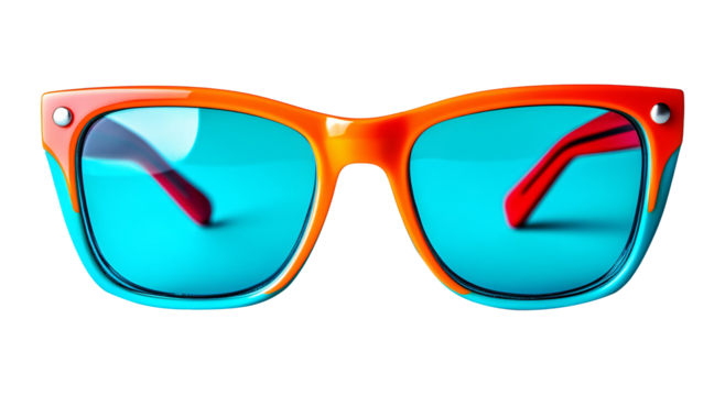 Orange and turquoise sunglasses reflecting blue sky on white background