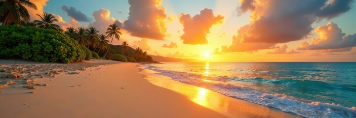 Obraz premium Golden sunrise over Bayahibe's sandy beach, wide panoramic vista , sky, vibrant colors