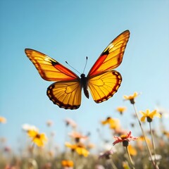 Obraz premium Butterfly flying in nature with yellow flowers green background