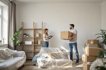 Couple organizing belongings in a bright, cozy room with furniture and boxes for moving or unpacking.