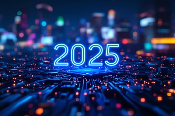 2025 glowing neon text over futuristic circuit board with blurred cityscape in the background.