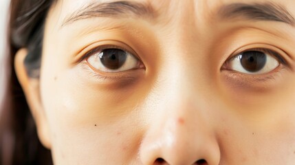 Asian woman highlight dark circle under her eye indicating toll of sleep deprivation worry Her tired appearance reveals impact of sleeplessness undereye bag emotional strain evident reflecting life