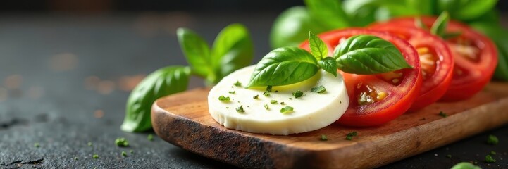 Sliced fresh mozzarella & tomatoes, basil leaves , lunch, tomato