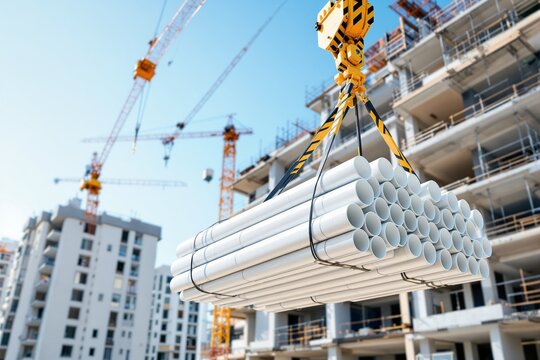 Construction site with crane lifting PVC pipes near modern building under construction, showcasing urban development and progress.