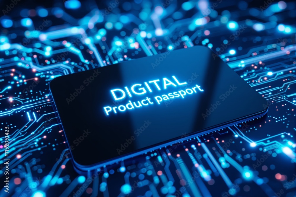 Poster digital product passport glowing text on a futuristic circuit board background.