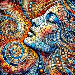 Mosaic Portrait of Serenity: A woman's face, rendered in vibrant mosaic tiles, exudes tranquility and inner peace.