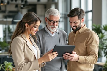 Business team collaborating on a tablet in a modern office background.