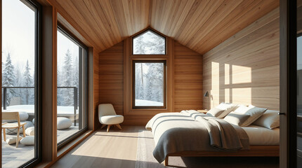 A modern bedroom with wood paneling, large windows showing a snowy landscape, a bed with neutral bedding, and a small chair. Sunlight streams in, illuminating the room.