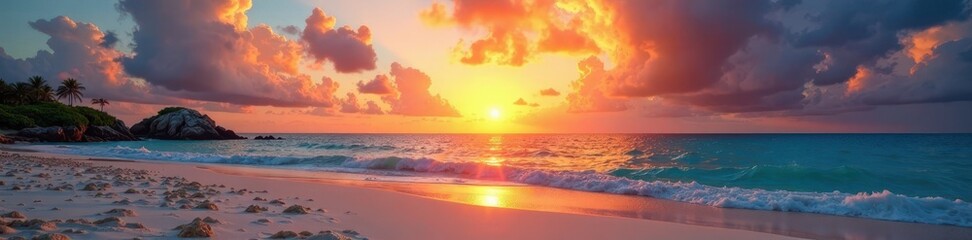 Fototapeta premium Vibrant sunrise paints Bayahibe's sky, panoramic beach view , vista, vibrant