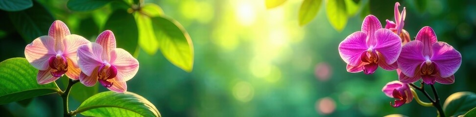 Lush green canopy, vibrant orchids, sunlight dappled, rainforest, closeup
