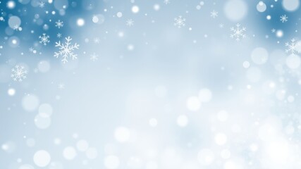 A delicate winter background with a light blue gradient, featuring scattered snowflakes and bokeh effects for a magical and festive feel.