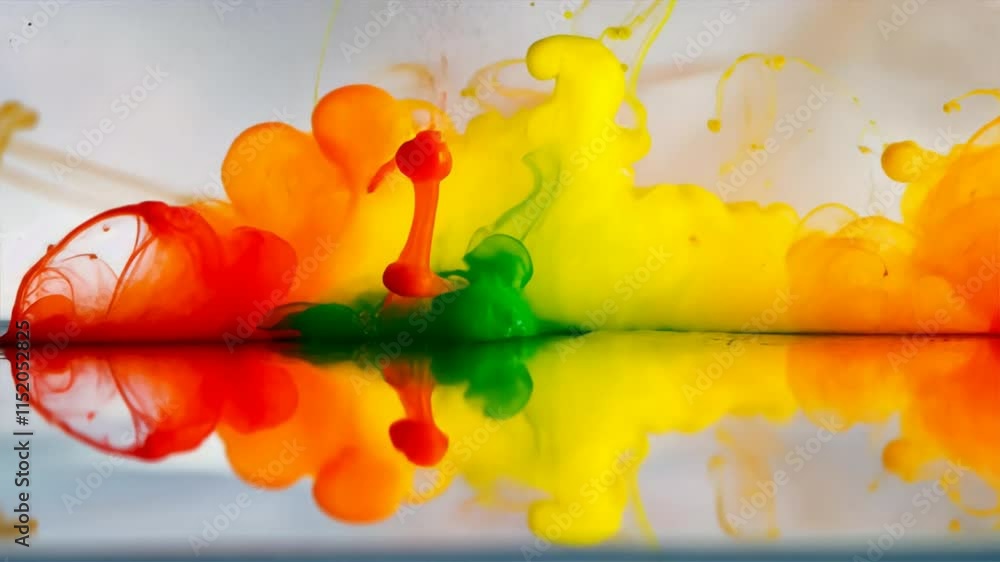 Poster vibrant abstract colors swirl in water, showcasing red, yellow, and green in fluid motion, creating 