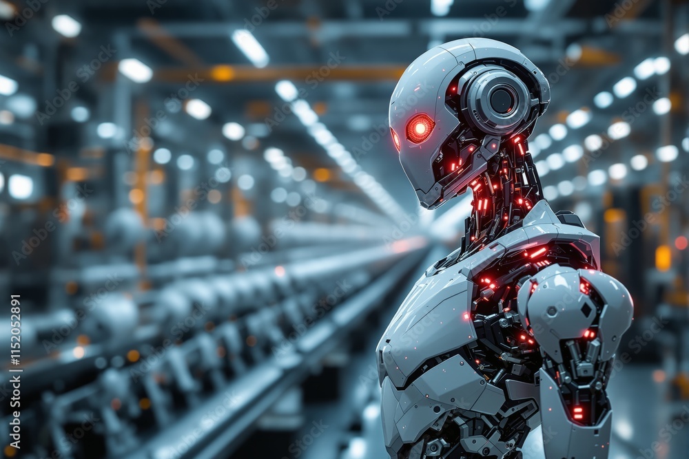 Aufkleber futuristic humanoid robot with glowing red lights in a factory setting background.