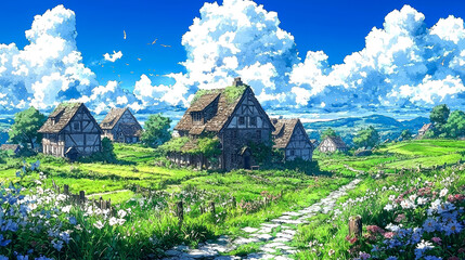 Idyllic village scene, thatched roofs, blooming meadows, sunny day.