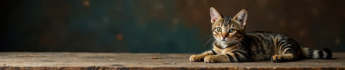Obraz premium Adorable tabby cat perched on rustic wooden table, tabby cat, wooden