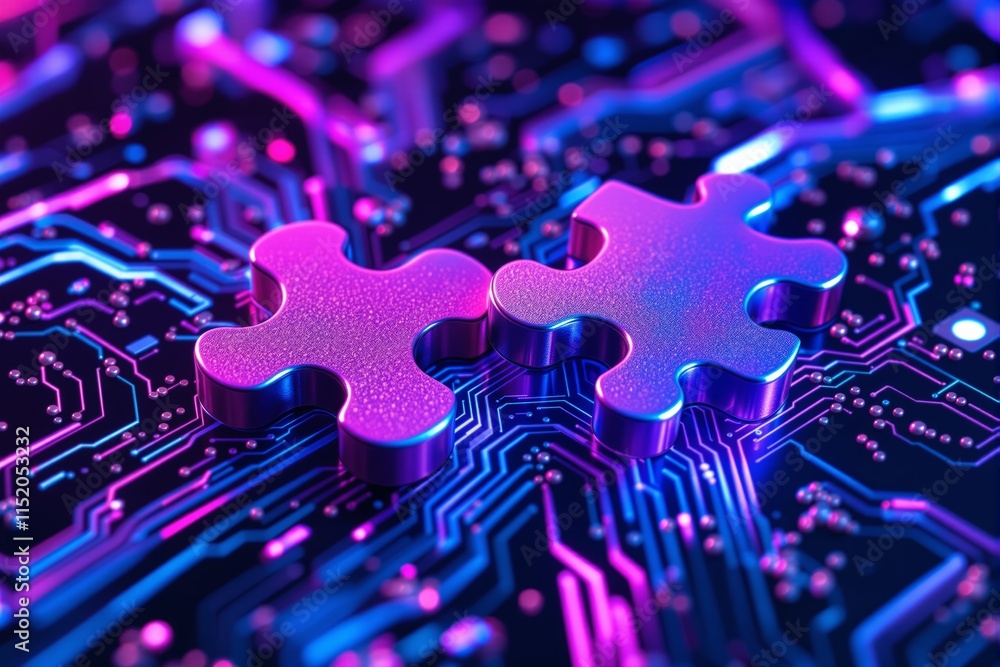 Aufkleber Puzzle pieces on a glowing circuit board background symbolizing technology and connection.