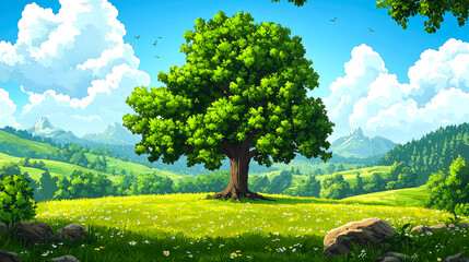 Fototapeta premium Lush green field with large tree, mountains.