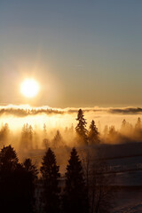 Fog over the mountain ranges and forests in the morning.