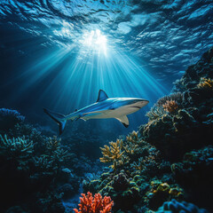 Fototapeta premium Majestic Shark Swimming Gracefully Through Vibrant Coral Reef with Sunlight Streaming Down in Clear Blue Water, Creating a Serene Underwater Atmosphere