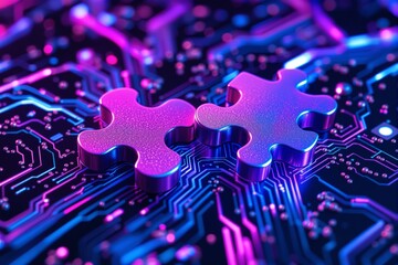Puzzle pieces on a glowing circuit board background symbolizing technology and connection.