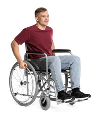 Obraz premium Smiling man in wheelchair on white background