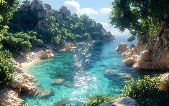 A tranquil coastal scene featuring clear turquoise waters surrounded by rocky landscapes and lush greenery under a bright blue sky, evoking peacefulness and natural beauty.