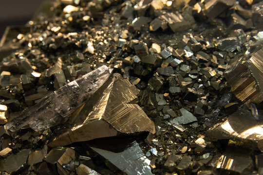 Macro photo of the mineral pyrite or iron pyrite