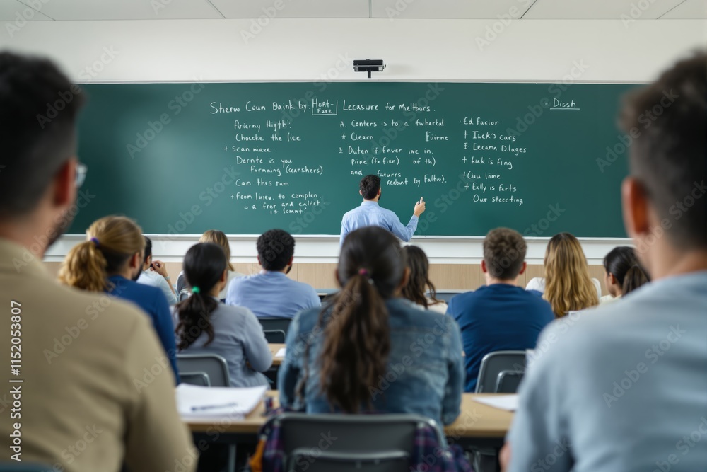 Aufkleber classroom setting with students listening to a teacher explaining concepts on a green chalkboard.