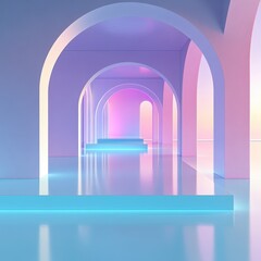 Fototapeta premium A minimalist abstract 3D render of a modern interior featuring blue and pink gradient lighting.
