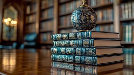 Antique Books with Decorative Globe on Table in Library