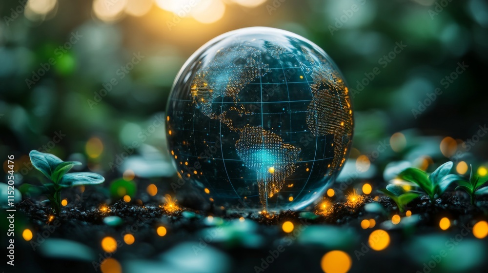 Leinwandbilder A glass globe displaying a map of the world rests on rich soil, illuminated by soft fairy lights. Surrounding it are vibrant green plants, creating a serene ambiance at dusk.