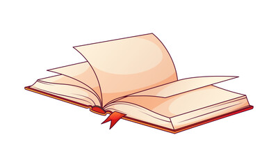Vector illustration of open book with bookmark isolated on white background. Book lover, bookstore, library, cozy home concept.