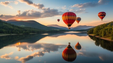 Obraz premium Serene Sunset Hot Air Balloons over Calm Lake and Mountains