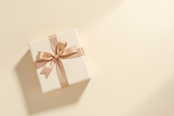 Elegant gift box with gold ribbon on a soft beige background.