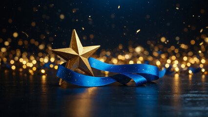 Golden star with golden on dark blue background with lighting effect and sparkle. Luxury template celebration award design. Vector illustration