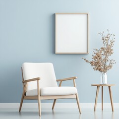 A minimalist interior scene featuring a cozy white armchair with wooden accents, positioned next to a blank picture frame on a light blue wall.