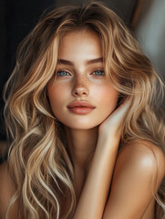Naklejka premium Young woman with wavy hair and blue eyes indoors