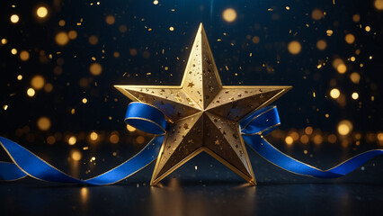 Golden star with golden on dark blue background with lighting effect and sparkle. Luxury template celebration award design. Vector illustration