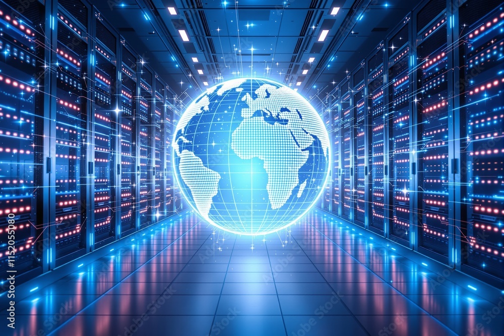 Aufkleber global digital network concept in futuristic server room with glowing globe and data connections in 
