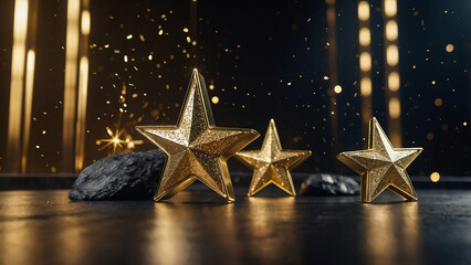 Golden three step podium with star glowing. Gold stage with glitter and light smoke on dark background. Hollywood fame in film and cinema or