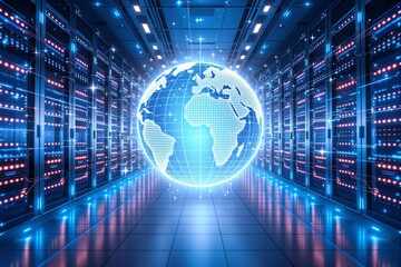 Global digital network concept in futuristic server room with glowing globe and data connections in a modern technological background.