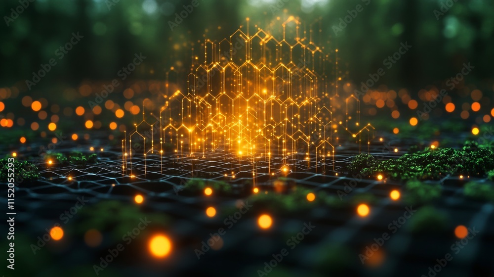 Poster Bright golden geometric structures rise from a dark mesh surface adorned with luminescent dots and lush greenery. The twilight setting adds depth and intrigue to the scene.