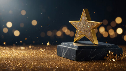 Golden three step podium with star glowing. Gold stage with glitter and light smoke on dark background. Hollywood fame in film and cinema or
