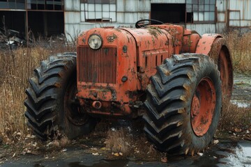 Obraz premium Old rusty tractor parked in a rural field